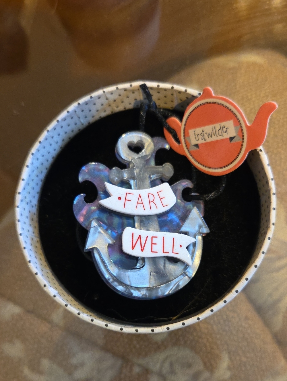 Erstwilder Nautical Silver Iridescent 'Fare Well' Anchor Brooch
